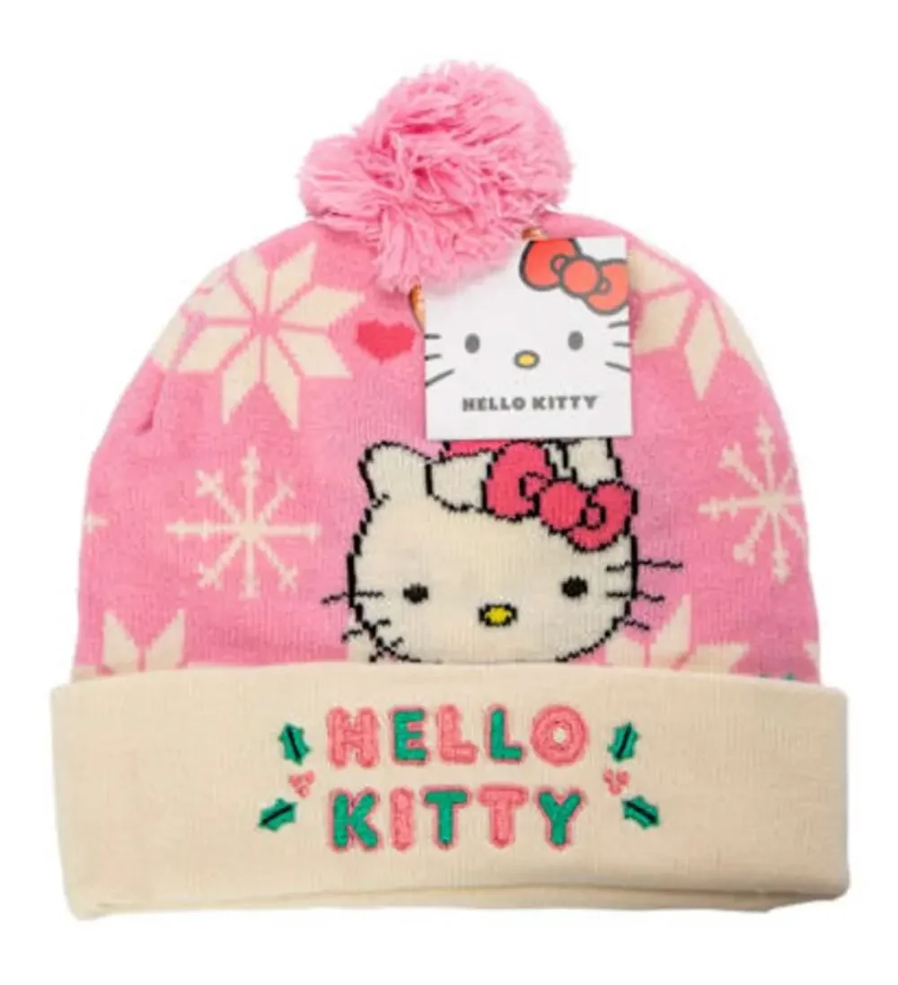 Hello Kitty Holiday Beanie Pink Snowflake Santa Pom Pom Hat NWT
